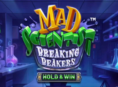 Mad Scientist Breaking Beakers Hold and Win Logo