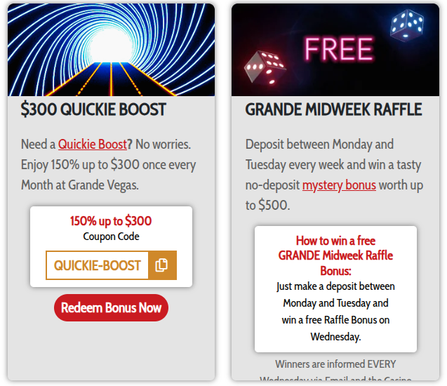 Grande Vegas Casino Regular Bonuses